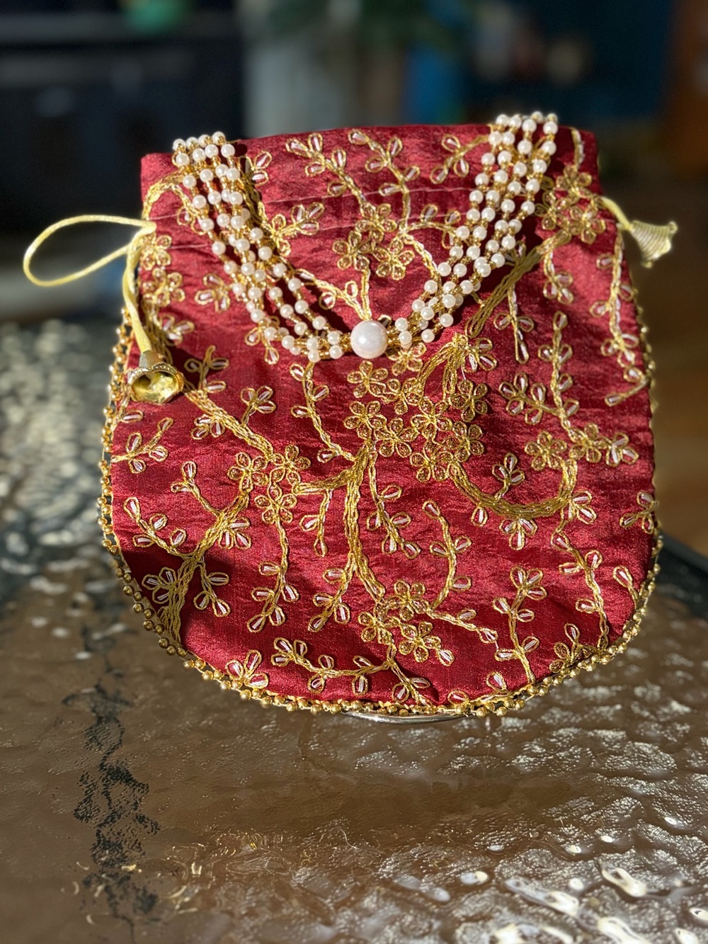 Handmade Women’s Red Embroidered Potli Bag with Pearl Detailing